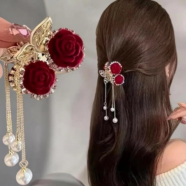 Floral Hair Clutcher with Red Rose, Golden Butterfly Accent and Pearl Danglers, Romantic Style