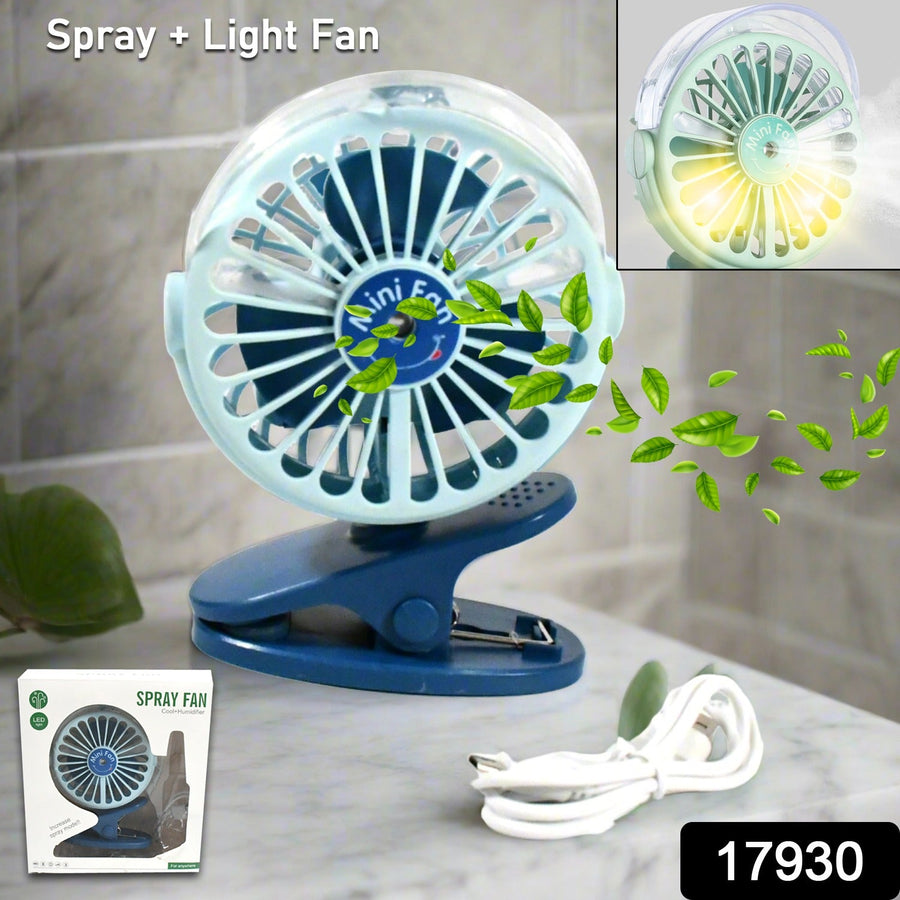 Portable Clip-on Fan – USB, 3-Speed, Light & Spray |