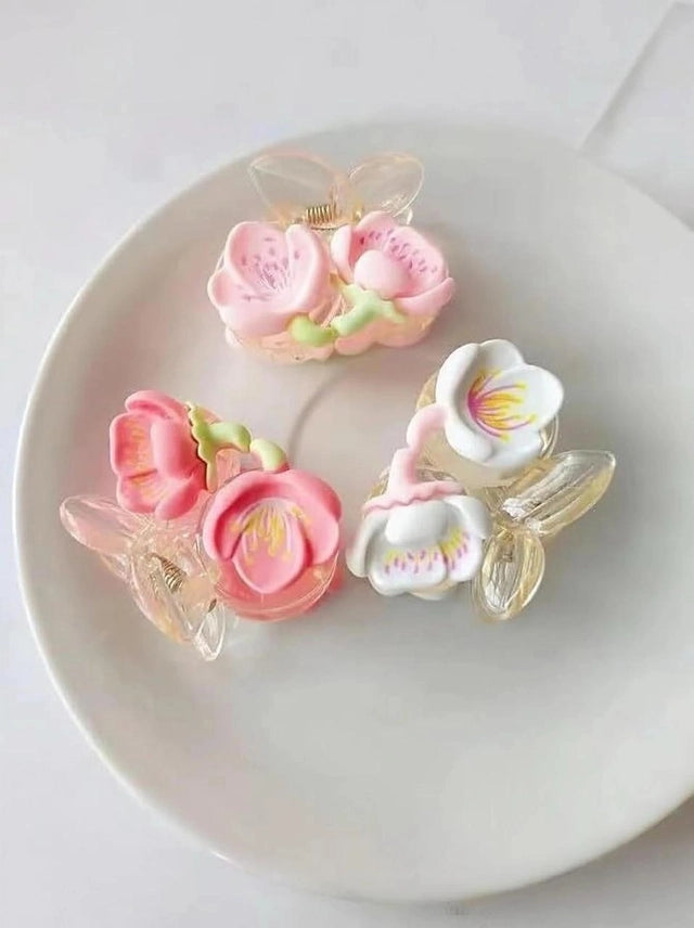 Pink Flower Hair Claw Set of 3Pcs-