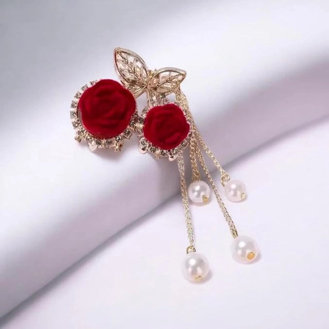 Floral Hair Clutcher with Red Rose, Golden Butterfly Accent and Pearl Danglers, Romantic Style